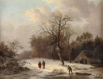 A wooded winter landscape by 
																	Hendrik Daniel Eckelboom