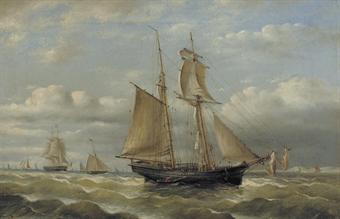 A two-master on choppy seas by 
																	Hendrik van der Worp