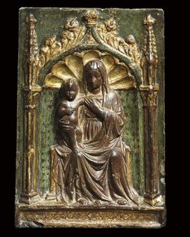 A Rectangular Relief Of The Virgin And Child Enthroned by 
																	Andriolo di Pagano de Santi