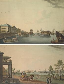 View of the Old Senate and the Academy of Arts; and View of Kamennii Island with the Palace of Alexander I and Count Stroganoff's dacha by 
																	Ivan Alexeievitch Ivanow