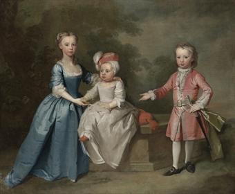 Group Portrait of three children, traditionally identified as the Craven children, full-length, in a wooded landscape by 
																	Bartholomew Dandridge