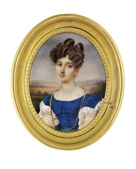 A young lady, in dress with blue velvet bodice and shoulder wings and white gauze sleeves, white shift, long gold necklace, upswept curling brown hair; sky and landscape background by 
																	Charles Noisot