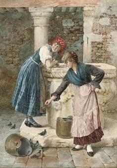Feeding pigeons by the well by 
																	A Prosdocini
