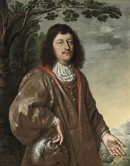 Portrait of a gentleman, three-quarter-length, in a gold embroidered mantle, a plumed cap in his right hand, in a landscape by 
																	Jan van Nieuwael