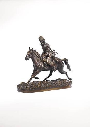 A bronze statue of a mounted Cossack by 
																	 Samonoff