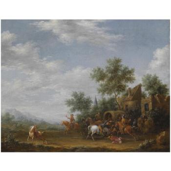 A Landscape With Travellers Being Ambushed Outside A Village by 
																	E Ruytenbach