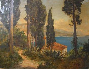 Cypress trees overlooking a Mediterranean bay by 
																	Georges Darasse