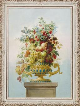 Still life of a decorative blue and gilt vase with flowers, fruits and birds by 
																	R Dallmann