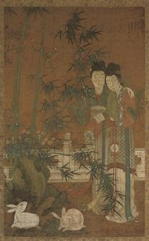 A large Chinese hanging scroll by 
																	 Zhou Fang