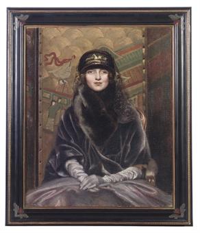 Portrait of a lady, seated half-length, in a deep purple velvet coat before a Chinoiserie screen by 
																	Neville Stephen Lytton