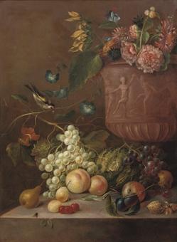 Grapes, peaches, a pear, plums, a cabbage, a walnut, a hazelnut, cherries and fly on a stone ledge, a sunflower, convolvulus, roses, chrysanthemums and other flowers in a sculpted urn, with a finch on a branch by 
																	G Dadelbeek