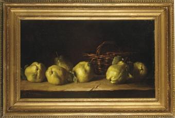 Still life of quinches and a basket on a ledge by 
																	Antoine Ferdinand Attendu