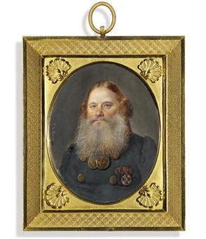 Ilya Ivanovich Baikov (1768-1838), in double-breasted loden green coat with gilt buttons, wearing the badges of the Imperial Russian Order of St. Anne (3rd class), the bronze medal for the Campaign of 1812 with the ribbon of St. Anne... by 
																	Josif Josifovich de Vivien de Chateaubrun