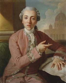 Portrait of a gentleman, seated, half-length, in a silver-trimmed pink coat and a powdered wig, with a plan of Valletta and a domed church beyond by 
																	Antoine de Favray