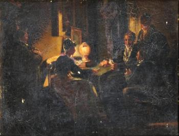 Veillée d'une assemblée amicale jouant aux cartes by 
																	Antoinette Haudebourt-Lescot