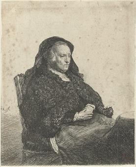 Rembrandt's Mother seated at a Table, looking right: three quarter length (B., Holl. 343; H. 52) by 
																	Bernard Rembaud