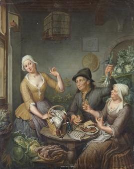The interior of a grocer's shop, with the grocer and his wife presenting their wares, a birdcage above by 
																	Hieronymus van der My