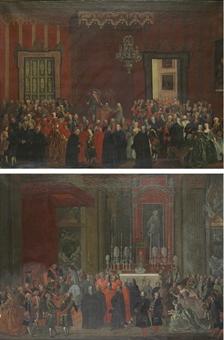 Charles of Bourbon relinquishing the Throne of Naples to his son Ferdinand; and Ferdinand IV of Bourbon sworn in as the King of Naples by 
																	Michele Foschini Guardia Sanframondi