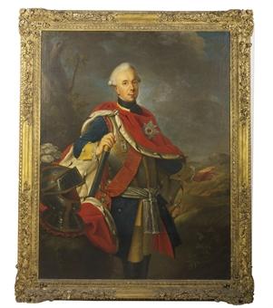 Portrait of Friedrich Heinrich Ludwig, Prince of Prussia (1726-1802), three-quarter-length, dressed in armour and a red ermine-lined wrap wearing the Star and Badge of the Order of the Black Eagle of Prussia on orange moire silk sash, in a landscape by 
																	Friedrich Reclam