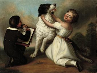 A young boy sketching his dog with his sister at his side in a landscape by 
																	 J C