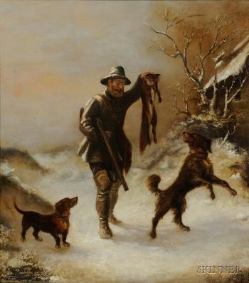 Huntsman with Fox and Hounds in Winter by 
																	Victor Zippenfeld