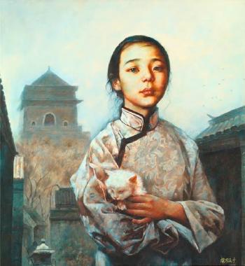 Young girl with cat by 
																	 Yong Yicai