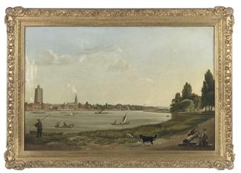 Two timber merchants and their faithfull companions on the North bank of the Thames, looking west towards St. Mary's Church, Battersea, with Sir William Chamber's Chinese Pagoda at Kew Gardens on the distant horizon by 
																	Abraham Bruiningh van Worrell