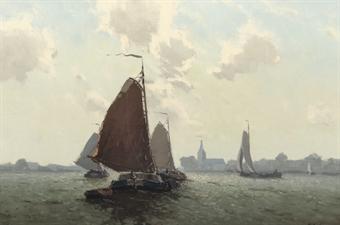 Sailing boats on the river the Zwarte Water, Hasselt by 
																	Egnatius Ydema