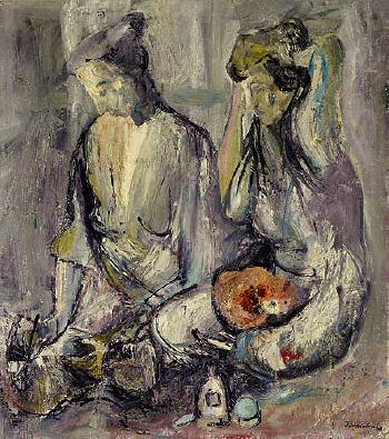 Zwei auf dem Boden sitzende Frauen mit Katze by 
																	Jakob Lammler