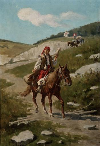 Peasant girl on horseback spinning wool by 
																	Vladyslav Szerner