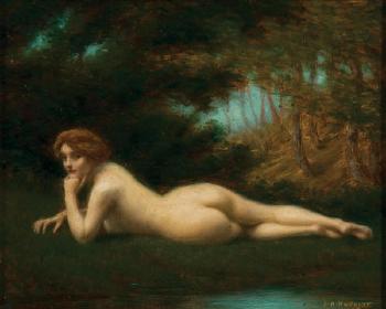 Nude in a wooded clearing near stream by 
																	Jacques Hanriot