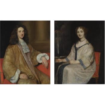 Portrait Of Van Teylinghe, Seated Three-quarter Length, Wearing A Beige Costume And A White Lace Scarf; Portrait Of His Wife, Seated Three-quarter Length, Wearing A Refined White And Blue Border Dress And A Pearl Necklace, Next To A Fountain by 
																	Adrianus van Isselsteyn