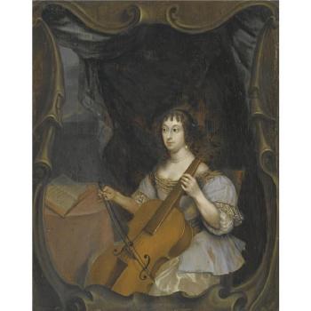 A Young Lady Wearing A White Satin Dress And Playing The Viol Da Gamba by 
																	Herbert Tuer