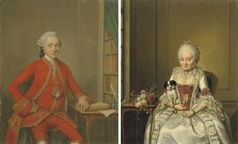 Portrait of gentleman said to be Hendrik de Roo, three-quarter-length, in a red costume and wig; and Portrait of a lady said to be Hester Constantia de Witt, three-quarter-length, in a white satin dress by 
																	Jan Maurits Quinkhard