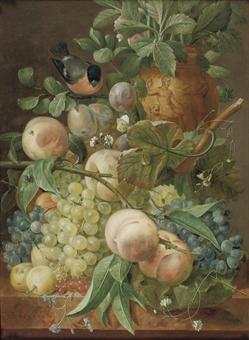 Grapes, peaches, berries and other fruit with a bird near a sculpted vase, all on a marble ledge by 
																	Jean Francois Eliaerts