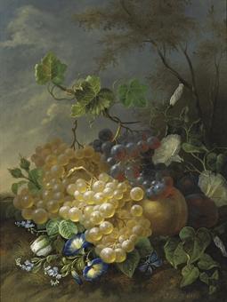 Grapes and morning glory by 
																	Jan van der Waarden