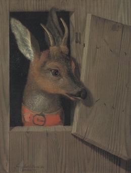 A deer looking out of a stable stall, in a red collar by 
																	Franz Rosel von Rosenhof
