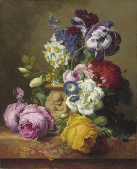 Roses, tulips, morning glory, delphinium and primrose in a terracotta vase on a marble ledge by 
																	Charles Node