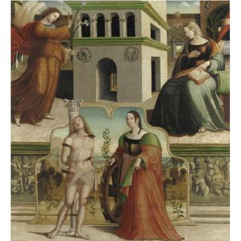 Annunciazione e I Santi Sebastiano e Caterina D'alessandria by 
																	Francesco Fantoni
