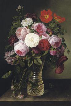 Summer roses in a crystal vase by 
																	Gottfried Wilhelm Voelcker