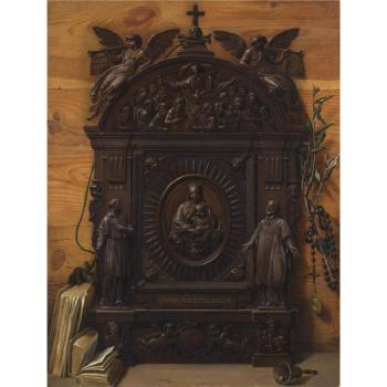 A Trompe L'oeil Still Life Of A Portable Wooden Altar With A Rosary, A Hand Bell And Books Lying On The Ledge Beside by 
																	Prospero Mallerini