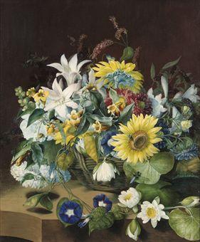 Still life of lillies, sunflowers, convolvulus, chrysanthemums and other flowers in a basket by 
																	Mary Lawrance Kearse