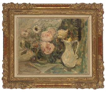Roses in a white jug by 
																	Florence Engelbach