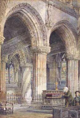 Rosslyn Chapel with the Apprentice Pillar by 
																	George Nattress