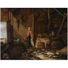 A Fisherman in His Barn with Fresh-Water Fish, a Woman in the Background, a Cat Playing with a Fish on a Barrel in the Foreground by 
																	Pieter de Putter