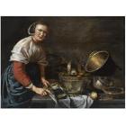 A Lady Cleaning Fish, Standing at a Table with a Copper Bowl with Apples, Copper Pans and a Small Dish with Herbs by 
																	Willem van Odekerken