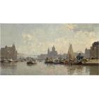 Moored boats on the Prins Hendrikkade in Amsterdam, The Sint Nicolaas Church in the background by 
																	Cornelis Vreedenburgh