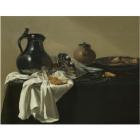 Still life with a pewter jug, a tazza on its side, a bread roll, a crab in a pewter dish and other objects on a table draped in a green cloth by 
																	Jan Jansz den Uyl