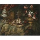 An elaborate still life with peaches, grapes, flowers in a bronze urn by 
																	Jacques Hupin