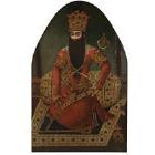 Portrait of Fath 'Ali Shah Qajar seated against a jewelled bolster on a pearl edged rug by 
																	Mirza Baba